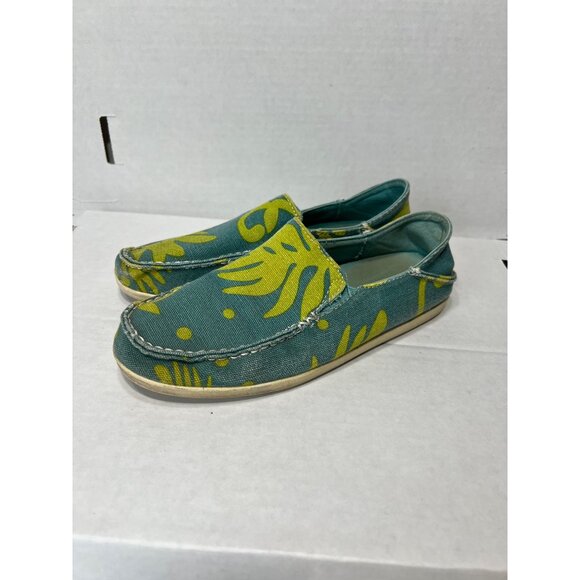 Olukai Nohea women size 6.5 Canvas Slip-On Shoes With Leaf Pattern In Teal & Yel - Picture 2 of 7